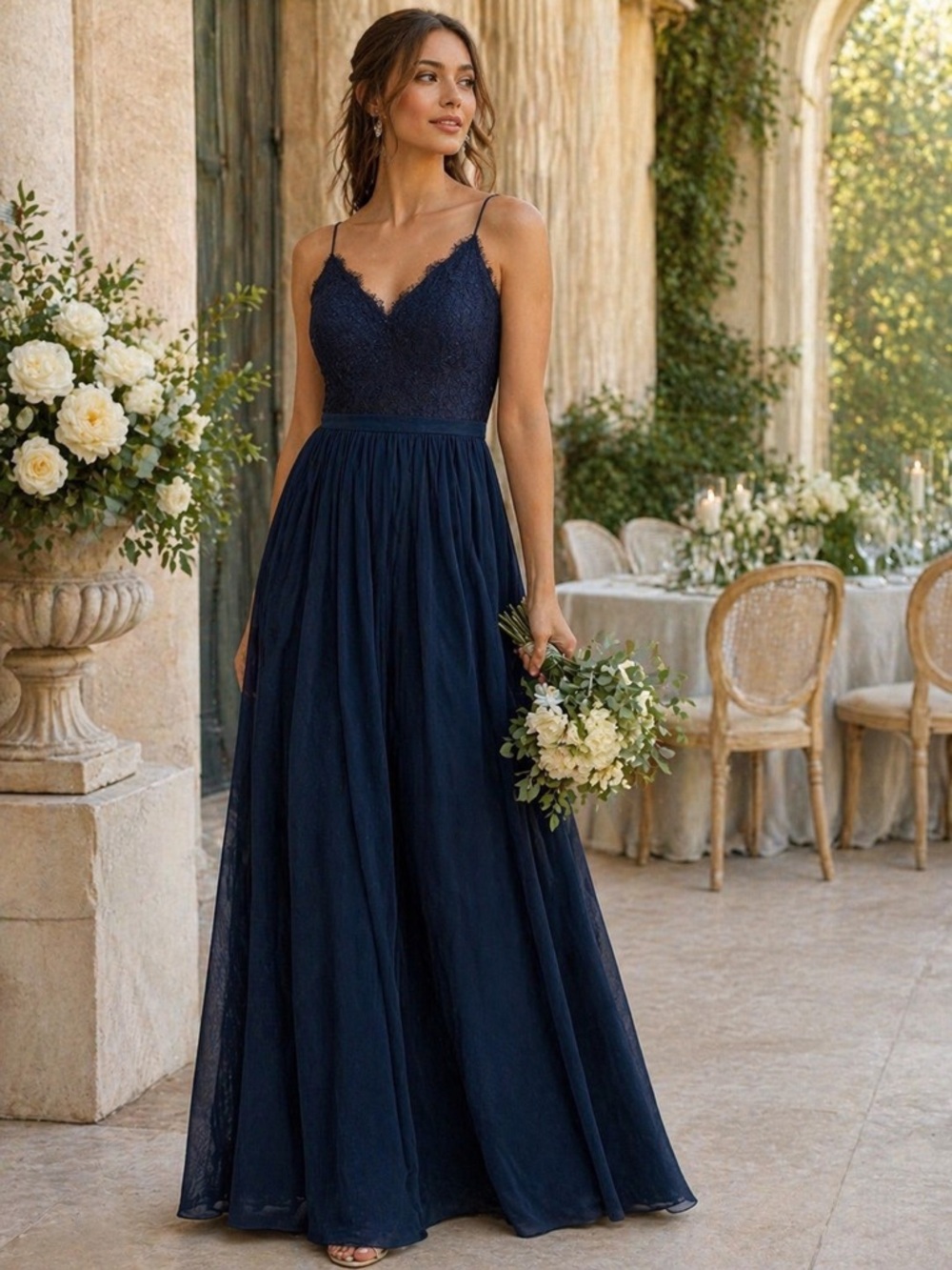 NWT Weddington Way Navy Lace Bodice Maxi Dress Size 2 Bridesmaid Formal Gown